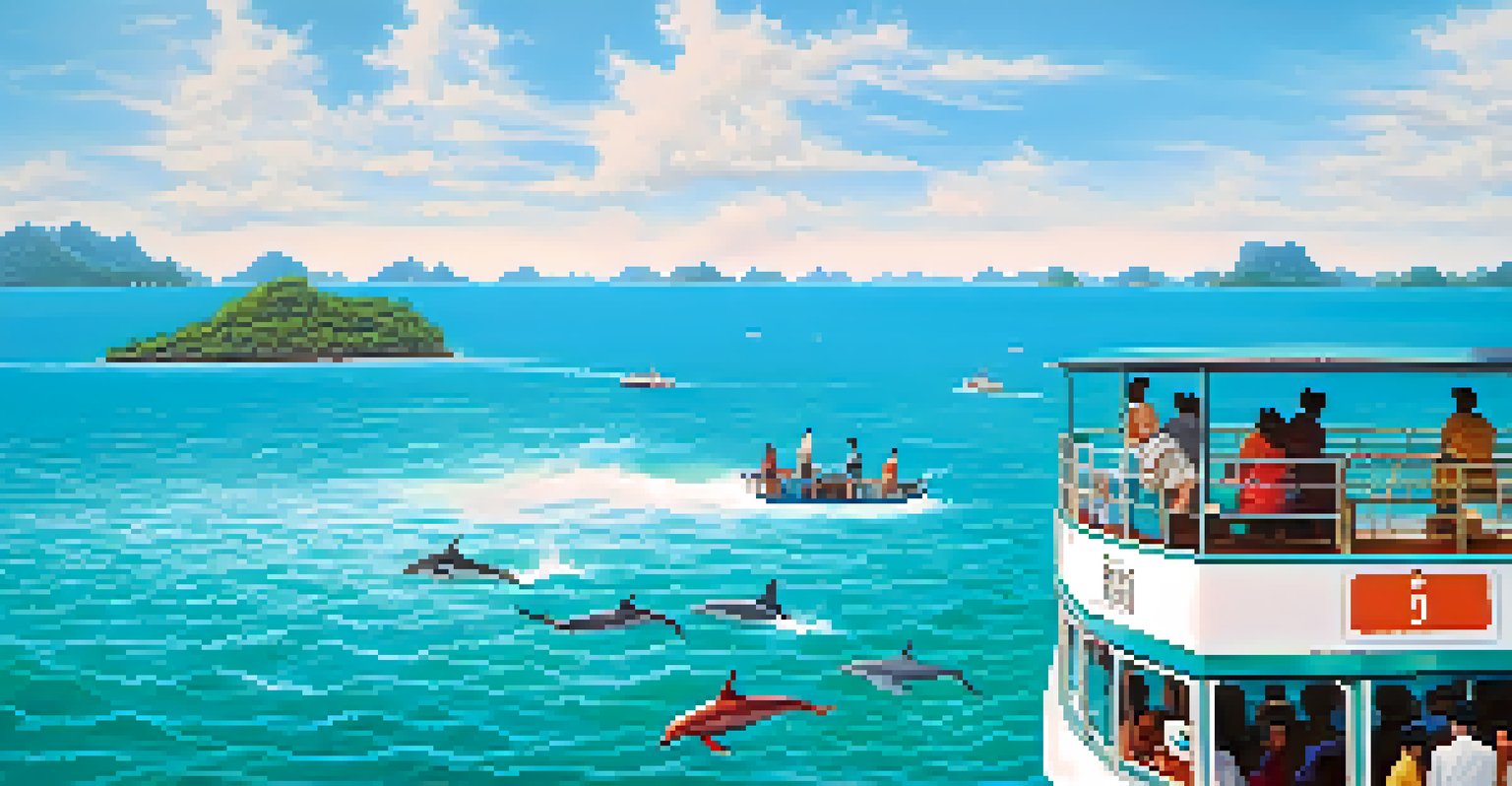 A ferry traveling over turquoise waters towards islands with dolphins visible and passengers enjoying the view.