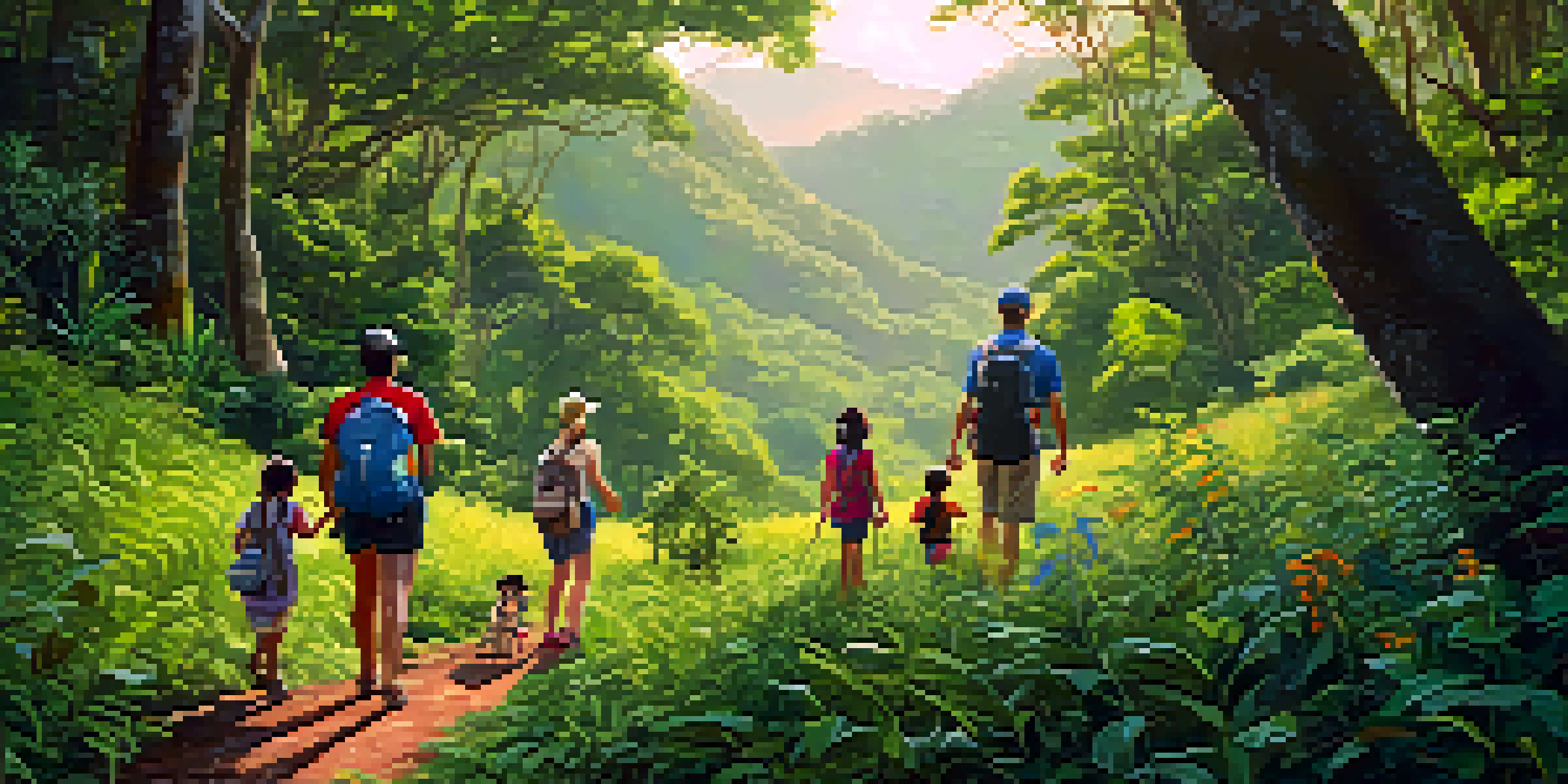 A family of four hiking on a sunny day in Khao Yai National Park, surrounded by green trees and wildflowers, with a monkey observing them from a branch.