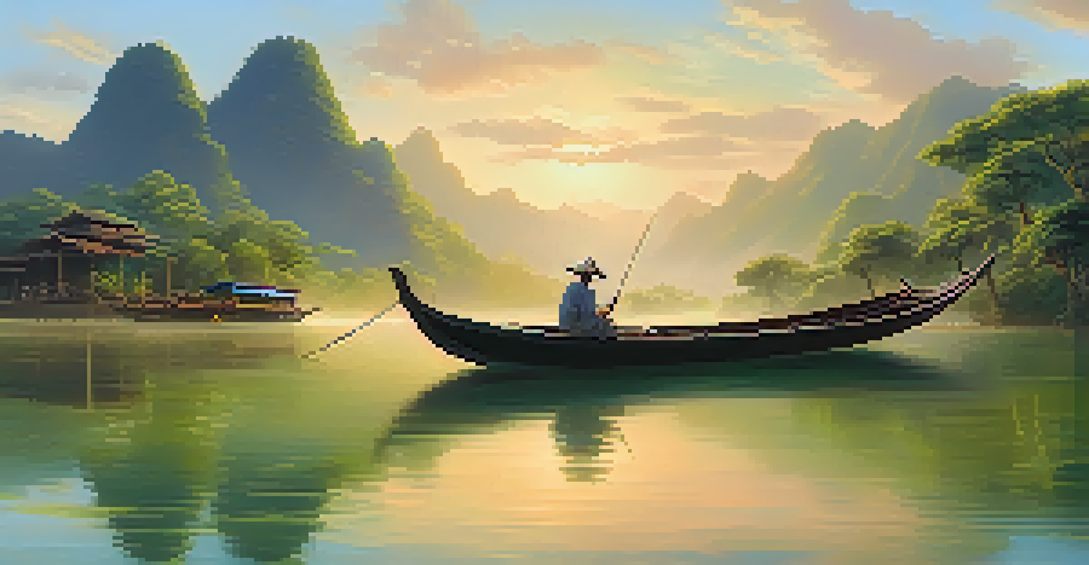 A tranquil Thai river scene with a boat and a person writing numbers in a notepad.