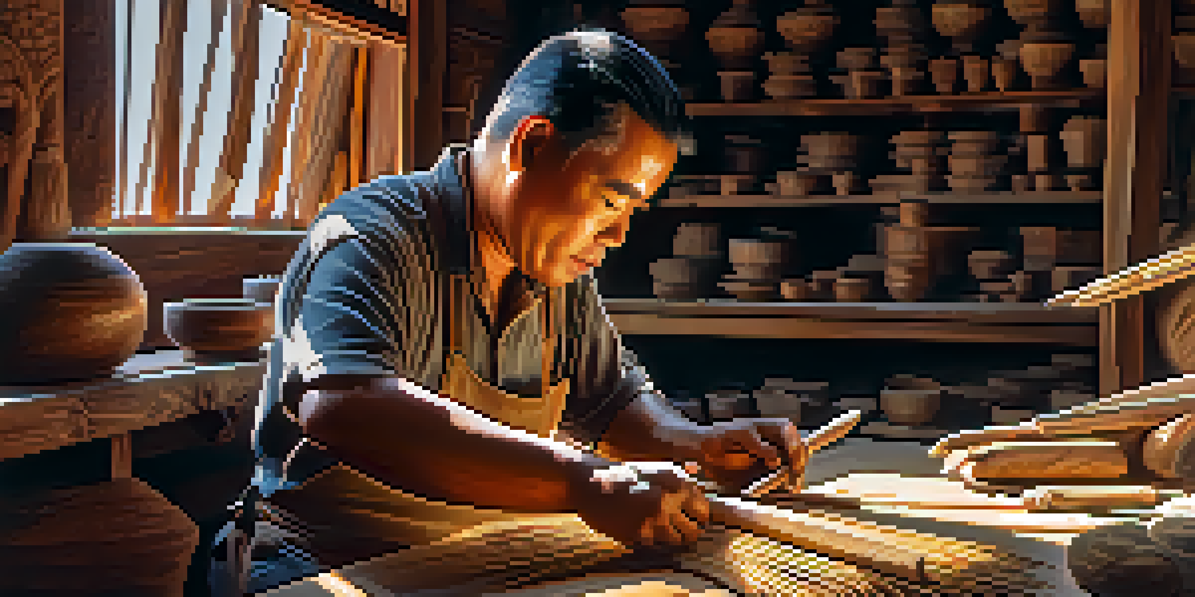A Thai artisan carving wood in a workshop, with sunlight illuminating the intricate details of the work and warm wood tones.