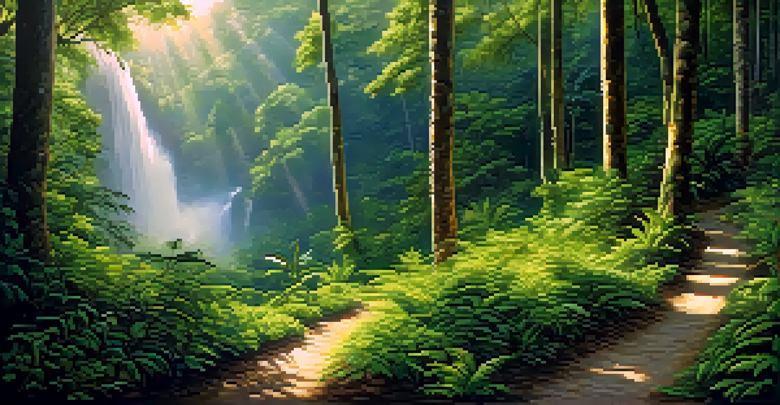 A scenic view of a green forest in Thailand with a path leading to a waterfall, illuminated by sunlight.