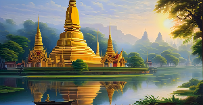 A tranquil scene of a Thai temple at dawn with golden stupas and vibrant murals surrounded by greenery and a reflective stream.