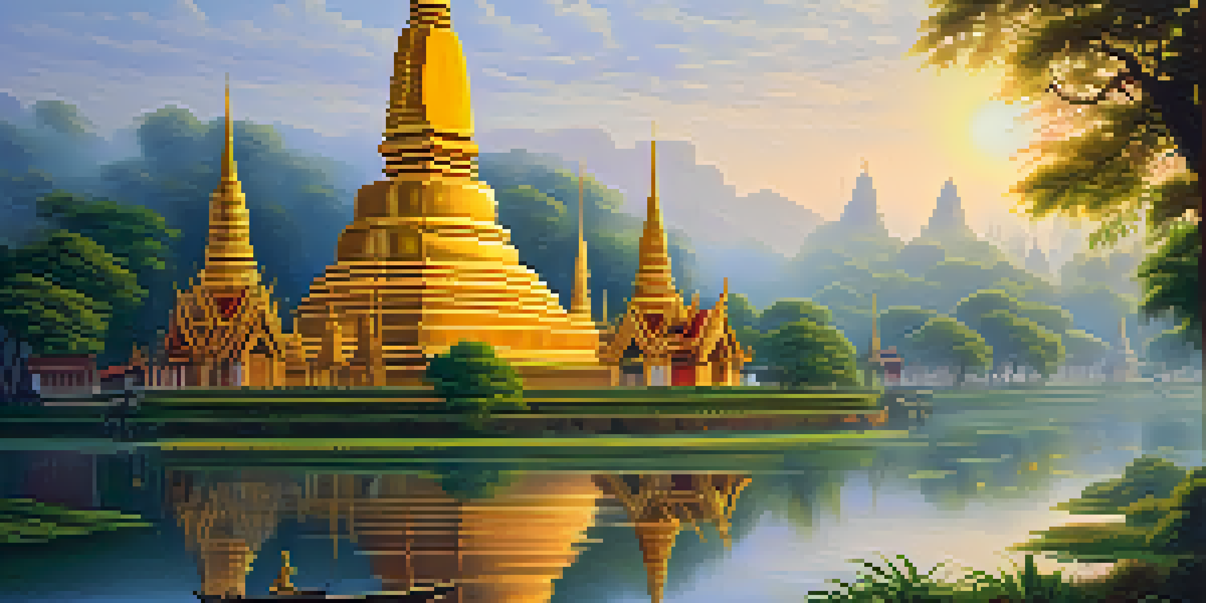 A tranquil scene of a Thai temple at dawn with golden stupas and vibrant murals surrounded by greenery and a reflective stream.
