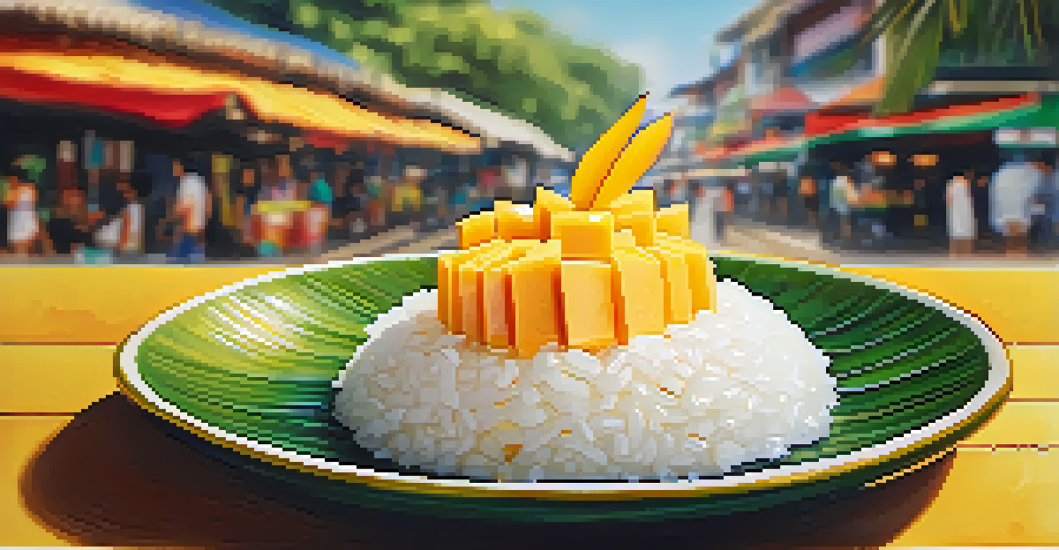 A plate of Mango Sticky Rice with coconut sticky rice and ripe mango slices, beautifully presented in soft natural light at a street food market.