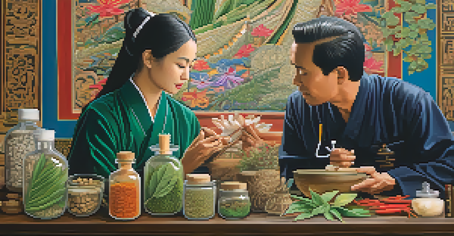A split image showing a Thai practitioner using herbs on one side and a Western doctor with diagnostic tools on the other, symbolizing the integration of both medical practices.