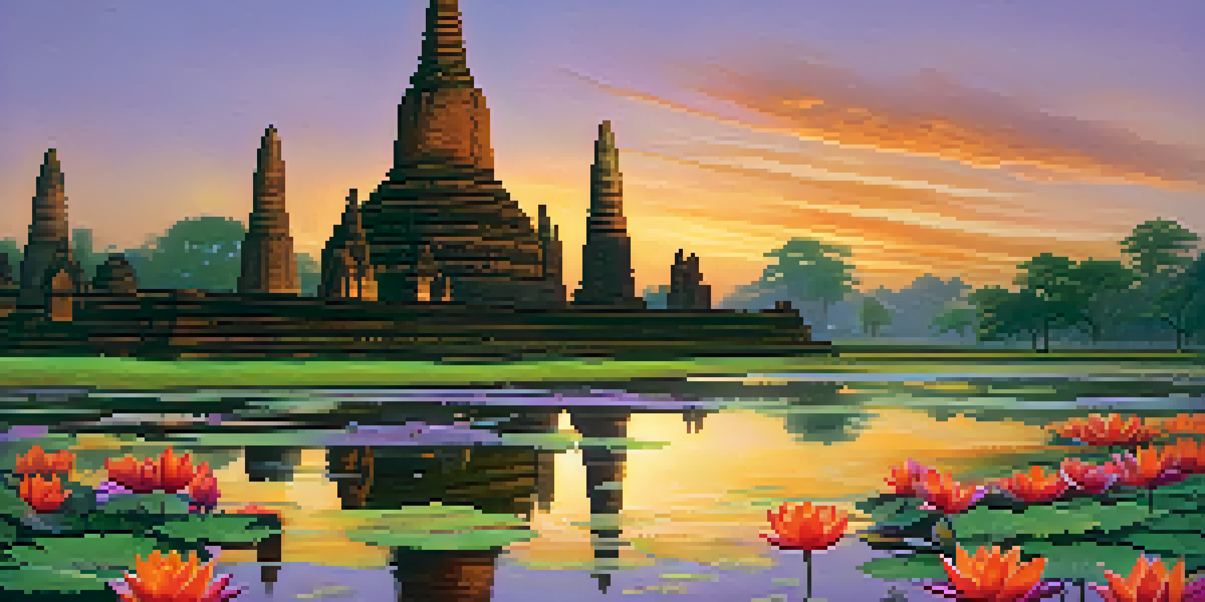 A sunset view of Sukhothai Historical Park with ancient temples reflecting in a pond filled with lotus flowers.