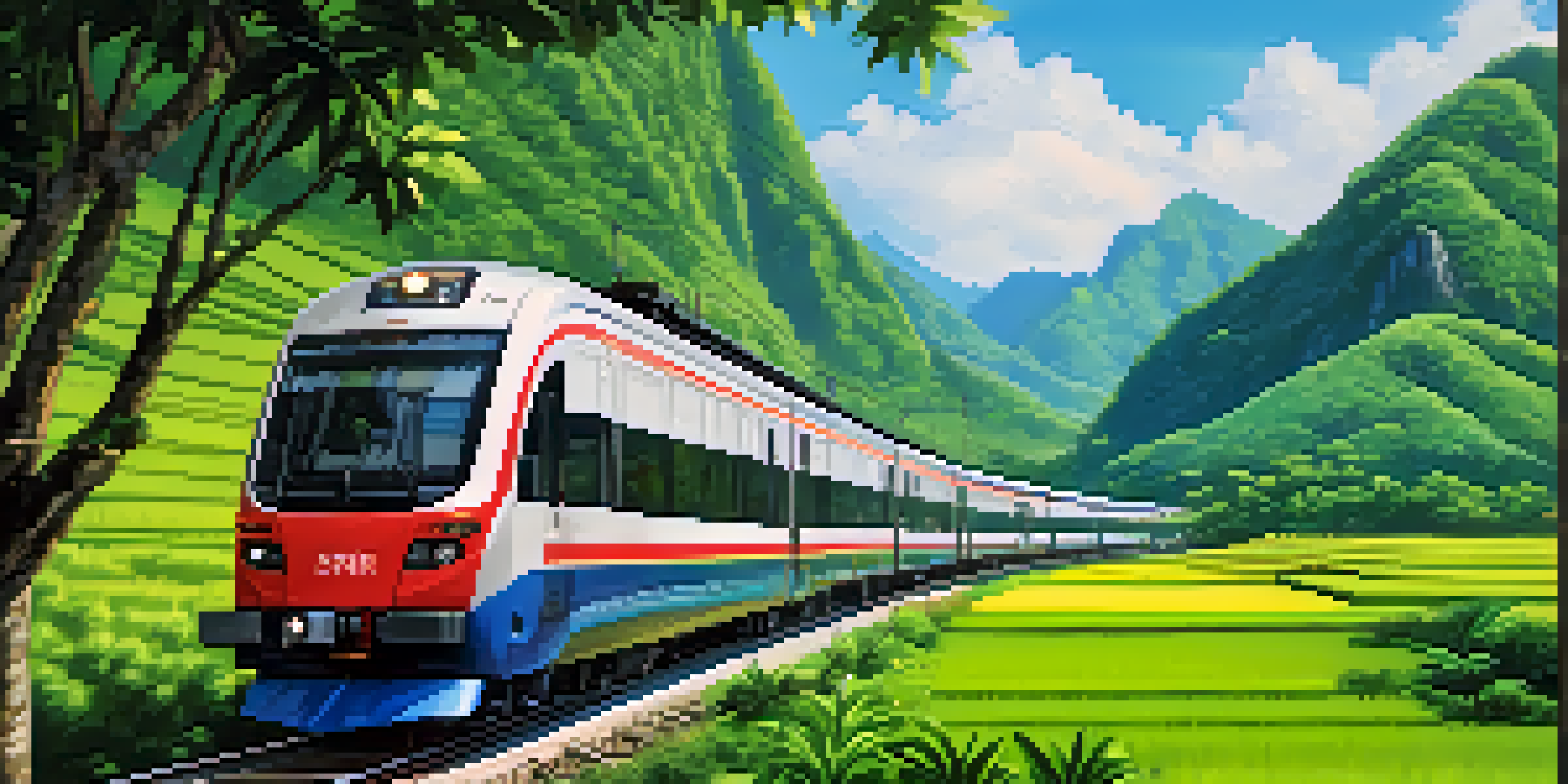 A modern SRT train traveling through lush rice paddies with mountains in the background and a clear blue sky.