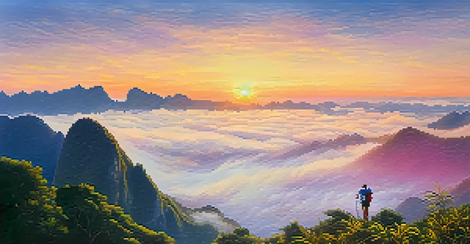 A stunning sunrise over Phu Chi Fa Mountain, with mist below and hikers silhouetted against the colorful sky.