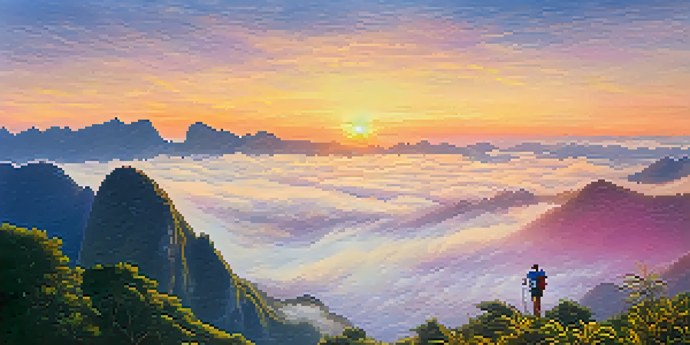A stunning sunrise over Phu Chi Fa Mountain, with mist below and hikers silhouetted against the colorful sky.