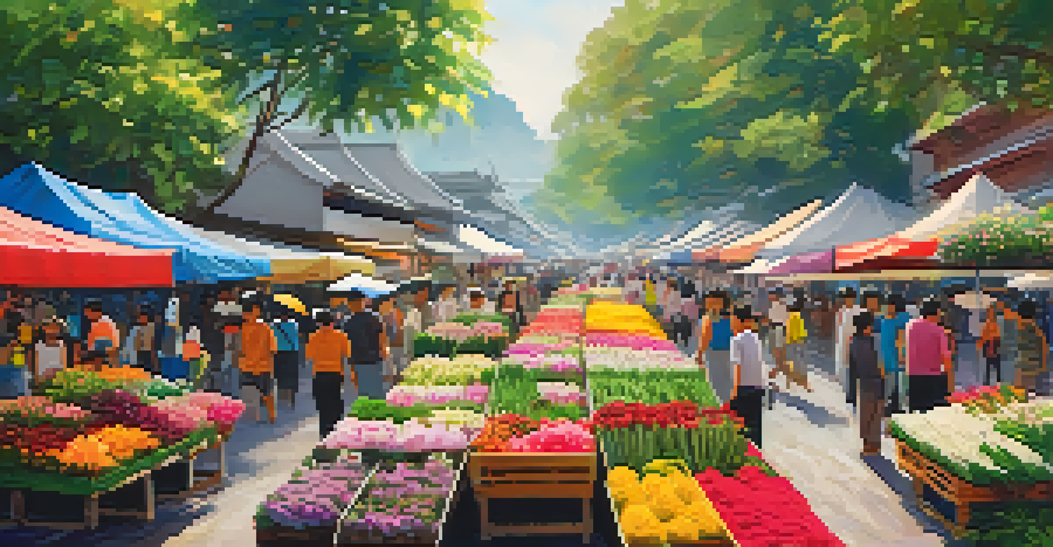 A lively flower market with vendors selling colorful flowers during the Chiang Mai Flower Festival.