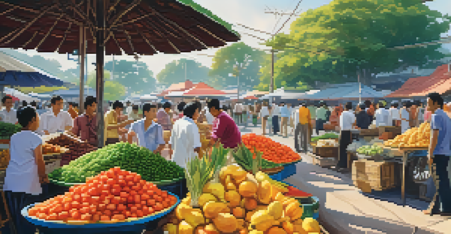 A colorful Thai food market scene with stalls filled with exotic fruits and spices, bustling with vendors and customers under bright sunlight.