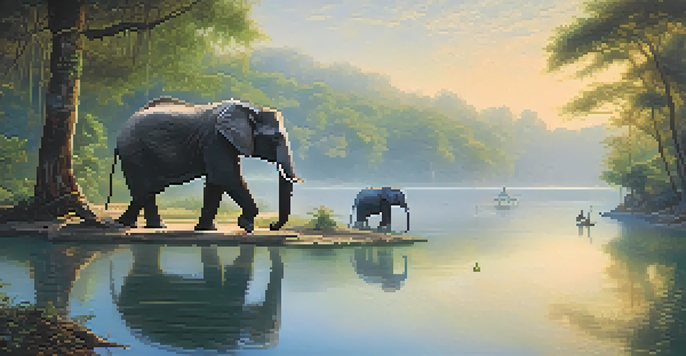 A tranquil lake in Thailand at dawn, featuring an elephant drinking water and a gibbon swinging in the trees, surrounded by mist and soft sunlight.
