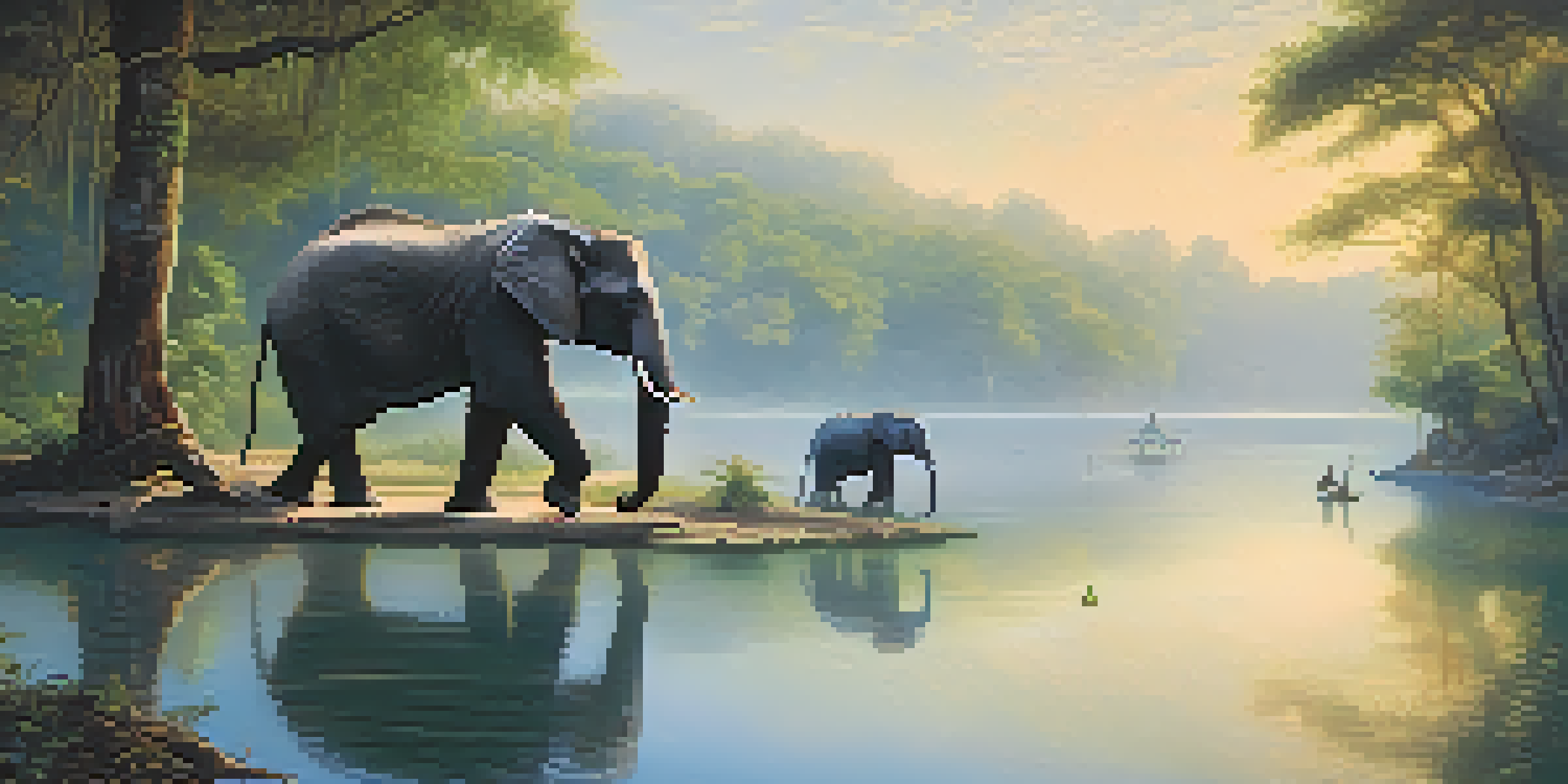 A tranquil lake in Thailand at dawn, featuring an elephant drinking water and a gibbon swinging in the trees, surrounded by mist and soft sunlight.