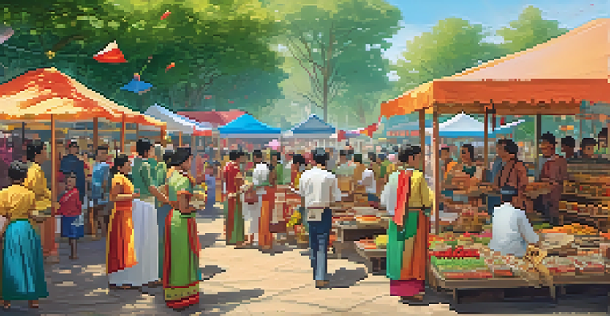 A lively community festival with colorful decorations and people enjoying traditional crafts and local food in a park.