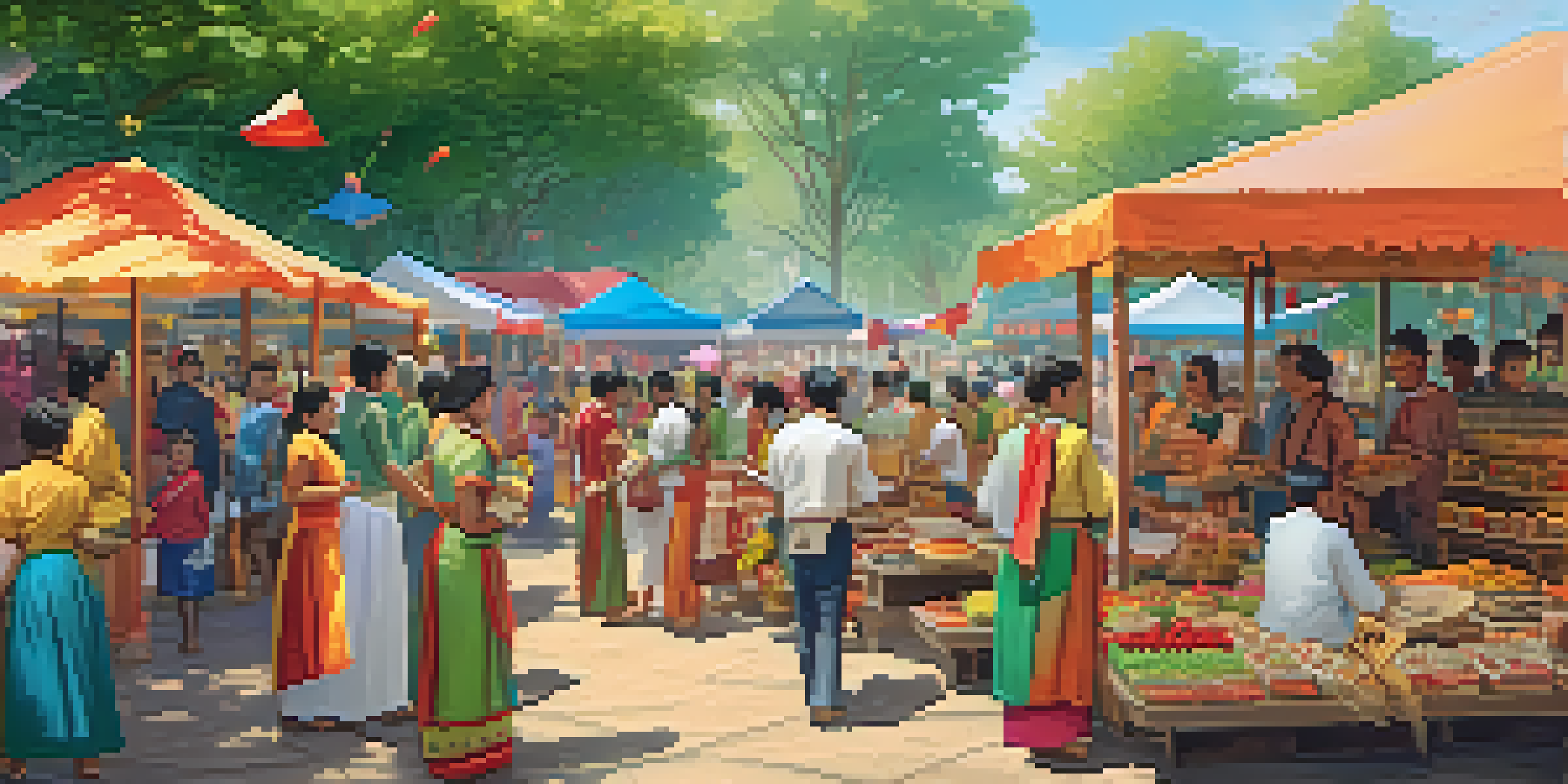 A lively community festival with colorful decorations and people enjoying traditional crafts and local food in a park.