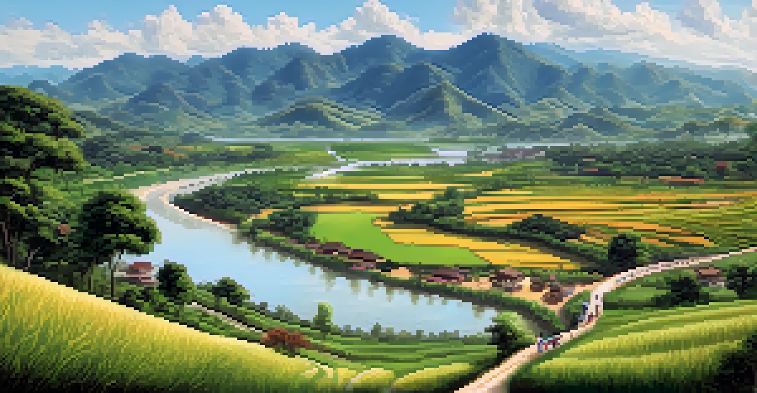 A scenic view of the Pai Valley with cyclists and villagers, gentle hills, and a clear sky.