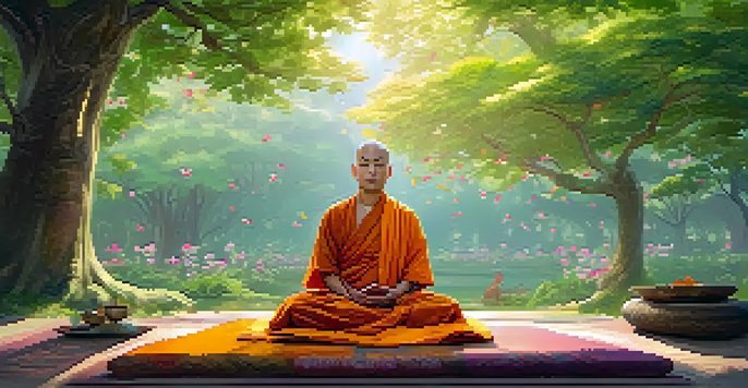 A peaceful scene of a Buddhist monk meditating under a tree with sunlight filtering through the leaves.