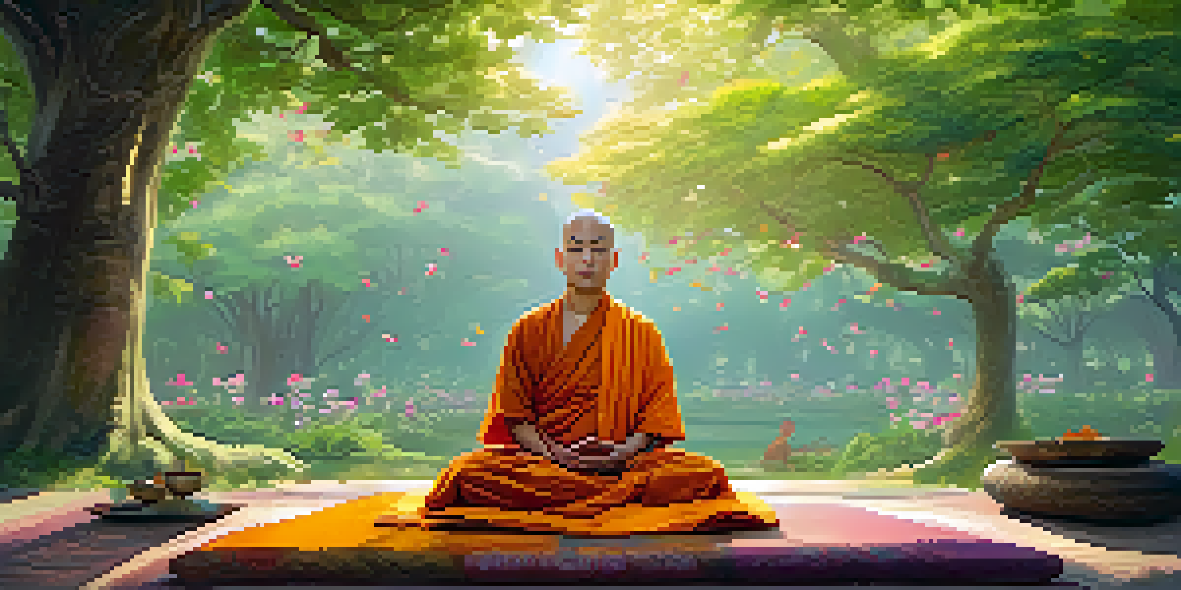 A peaceful scene of a Buddhist monk meditating under a tree with sunlight filtering through the leaves.