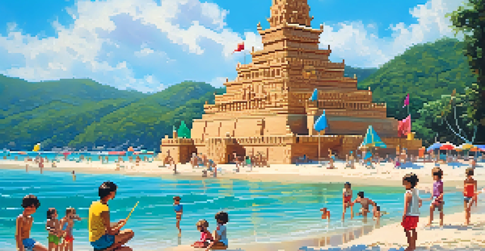 A family joyfully building a detailed sandcastle on a beach with the sea in the background, surrounded by colorful beach umbrellas.
