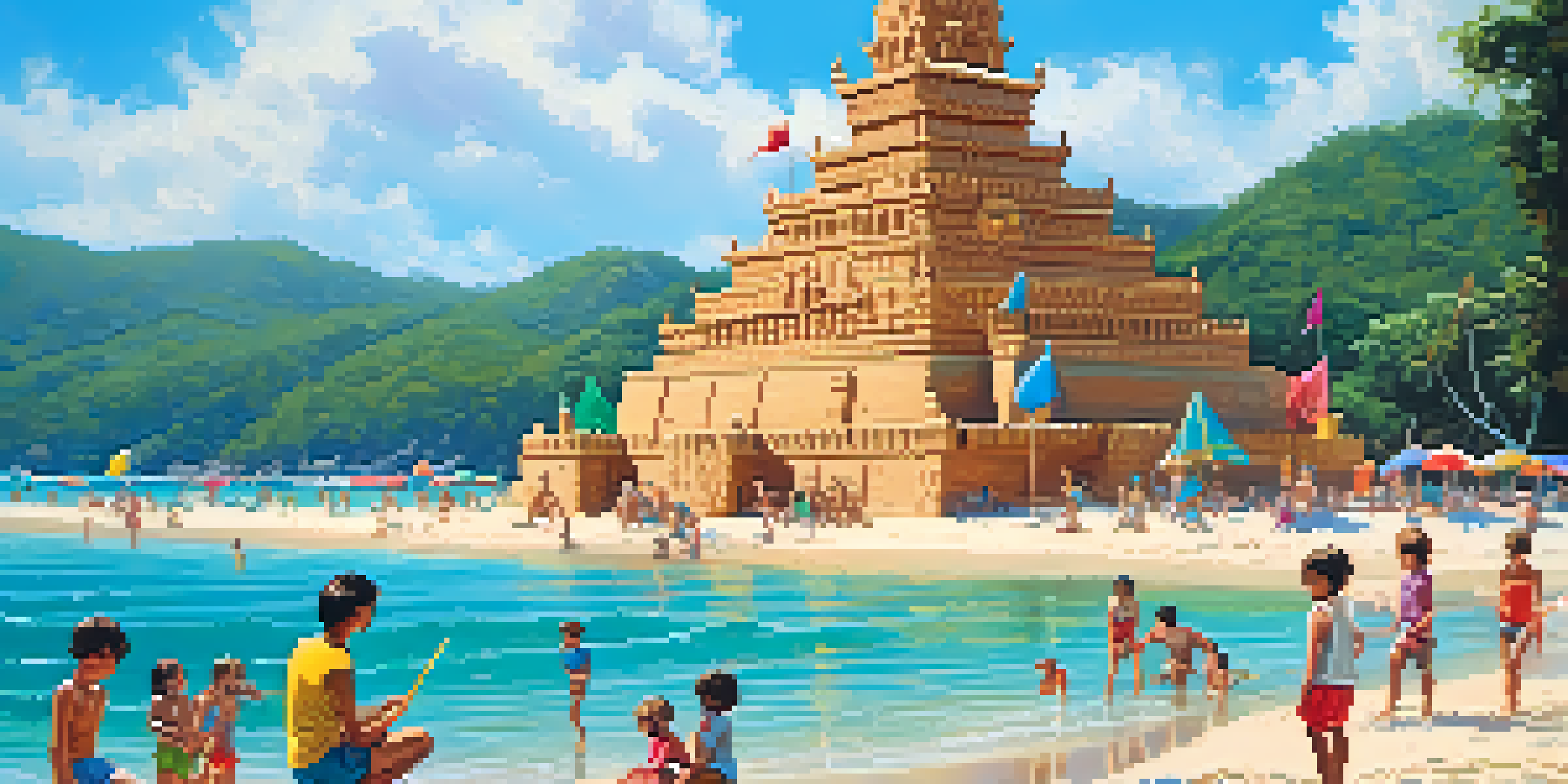 A family joyfully building a detailed sandcastle on a beach with the sea in the background, surrounded by colorful beach umbrellas.