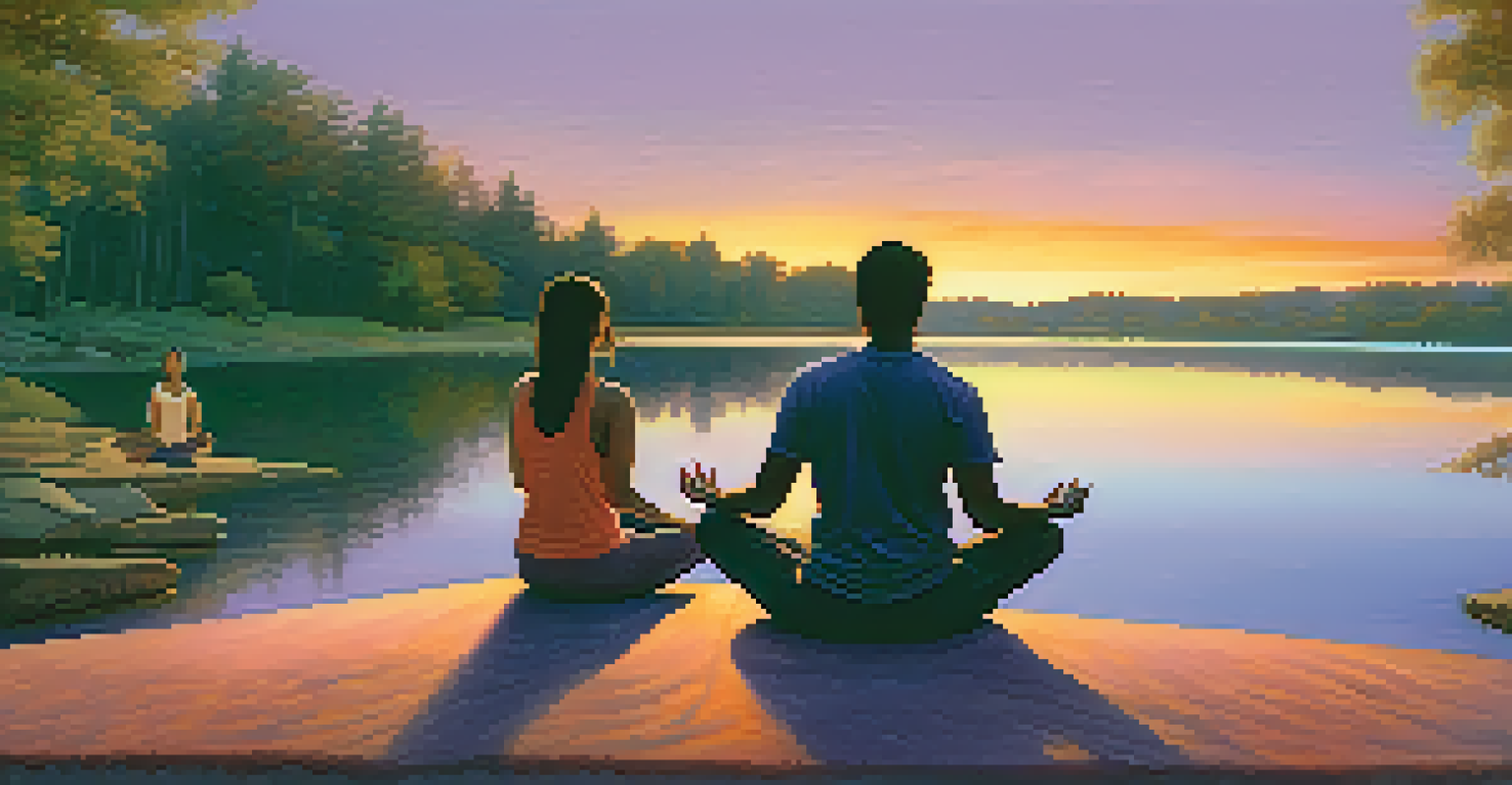 Diverse participants meditating by a lakeside at sunset, surrounded by nature and reflecting tranquility.