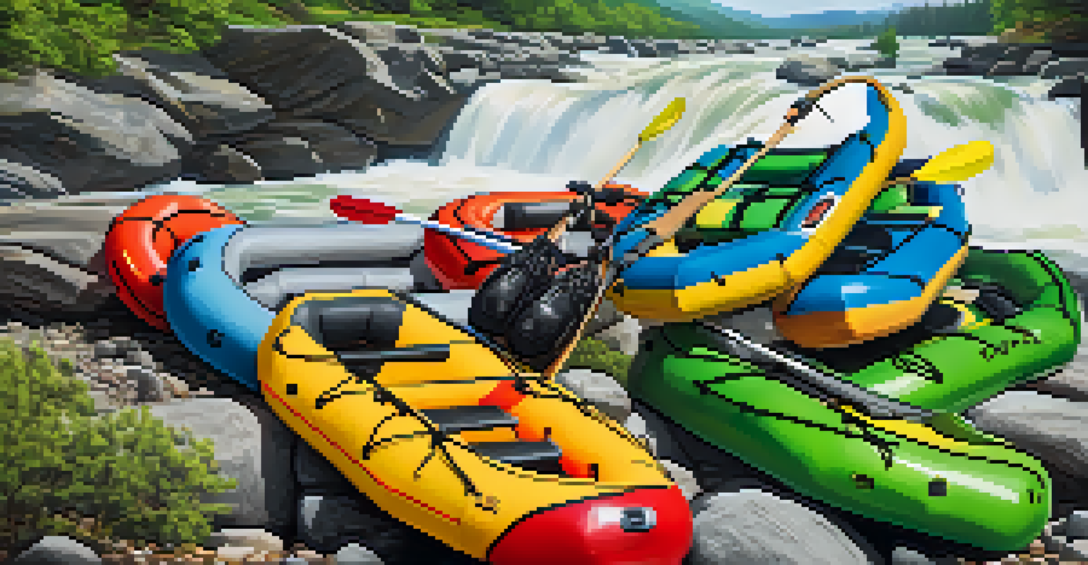 Close-up of white water rafting gear including life jackets, helmets, and paddles on a riverbank with rapids in the background.