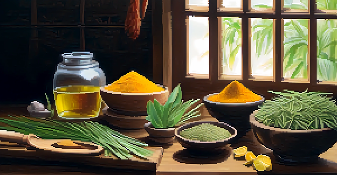 A tranquil setting showcasing various colorful herbs used in Thai medicine, with a mortar and pestle on a wooden table illuminated by natural light.