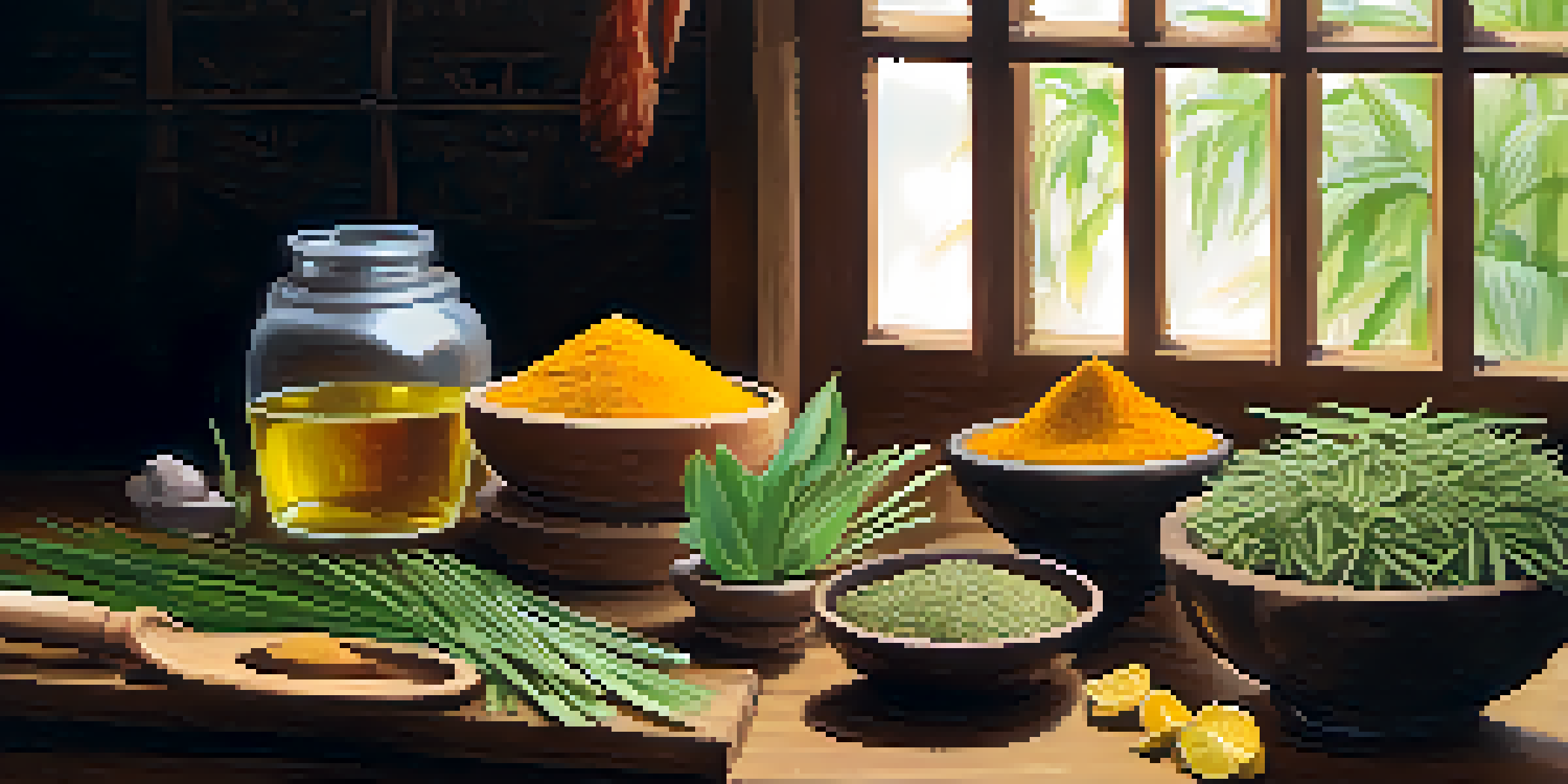 A tranquil setting showcasing various colorful herbs used in Thai medicine, with a mortar and pestle on a wooden table illuminated by natural light.