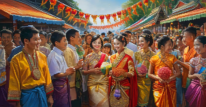 A lively traditional Thai festival with people wearing colorful traditional attire, surrounded by festive decorations and lanterns.