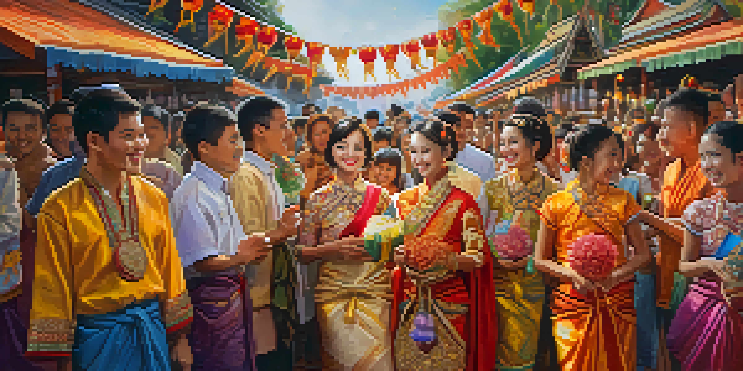 A lively traditional Thai festival with people wearing colorful traditional attire, surrounded by festive decorations and lanterns.