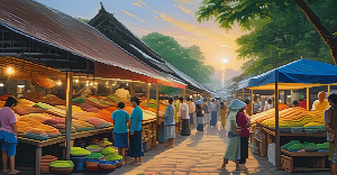 A bustling Thai market filled with artisans creating pottery, textiles, and jewelry, illuminated by warm sunset light.