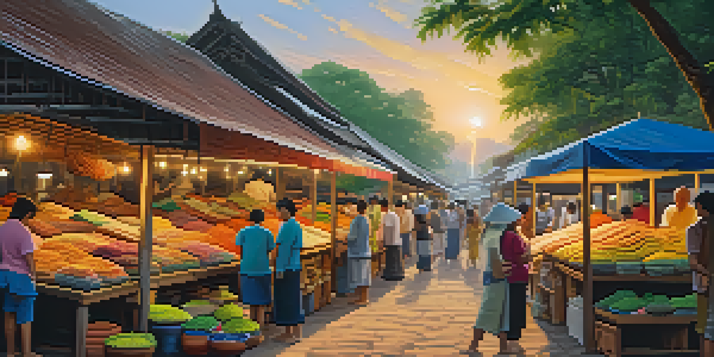 A bustling Thai market filled with artisans creating pottery, textiles, and jewelry, illuminated by warm sunset light.