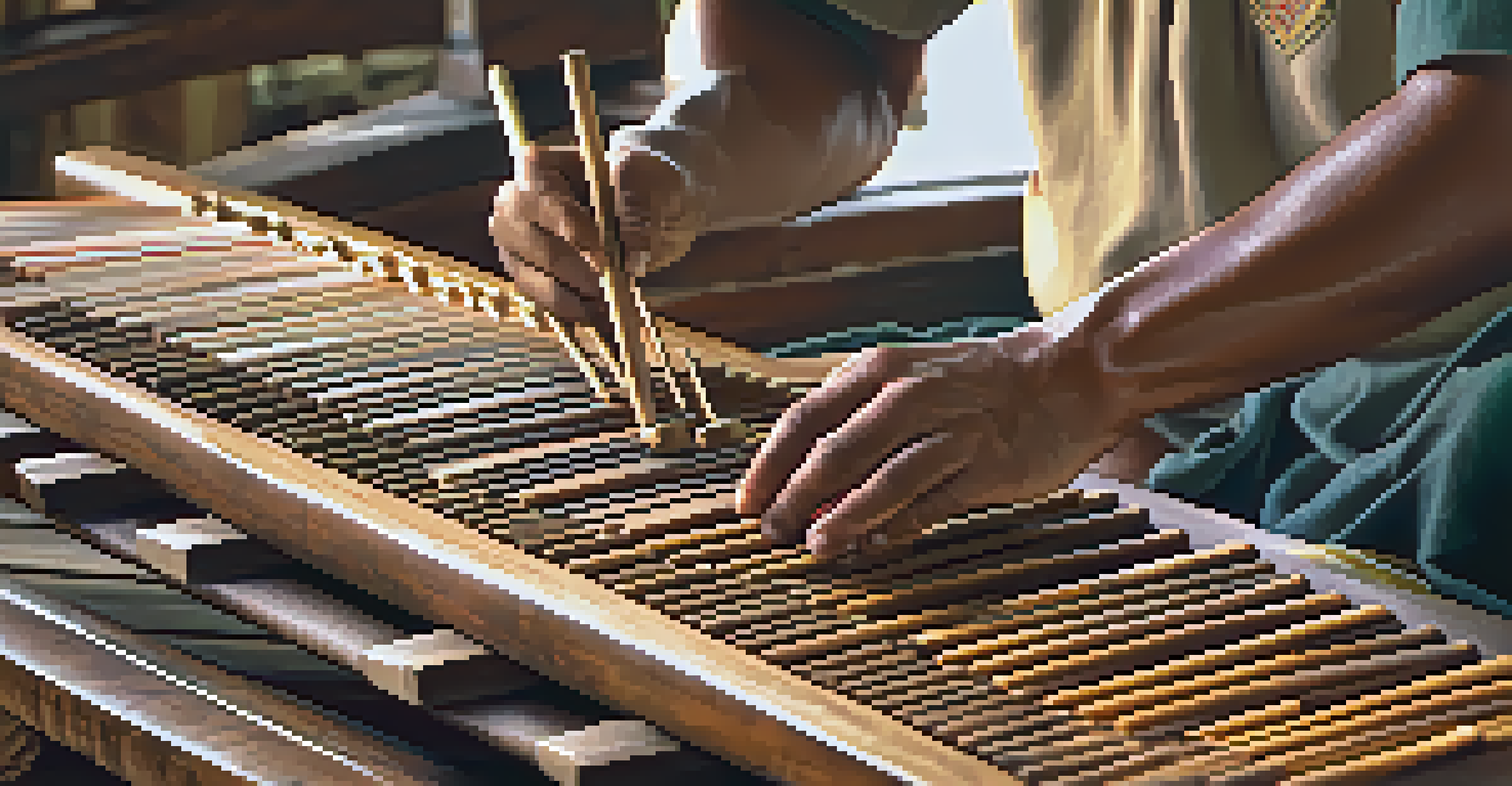 A close-up of an artisan crafting a traditional Thai wooden xylophone, showcasing intricate details and craftsmanship.