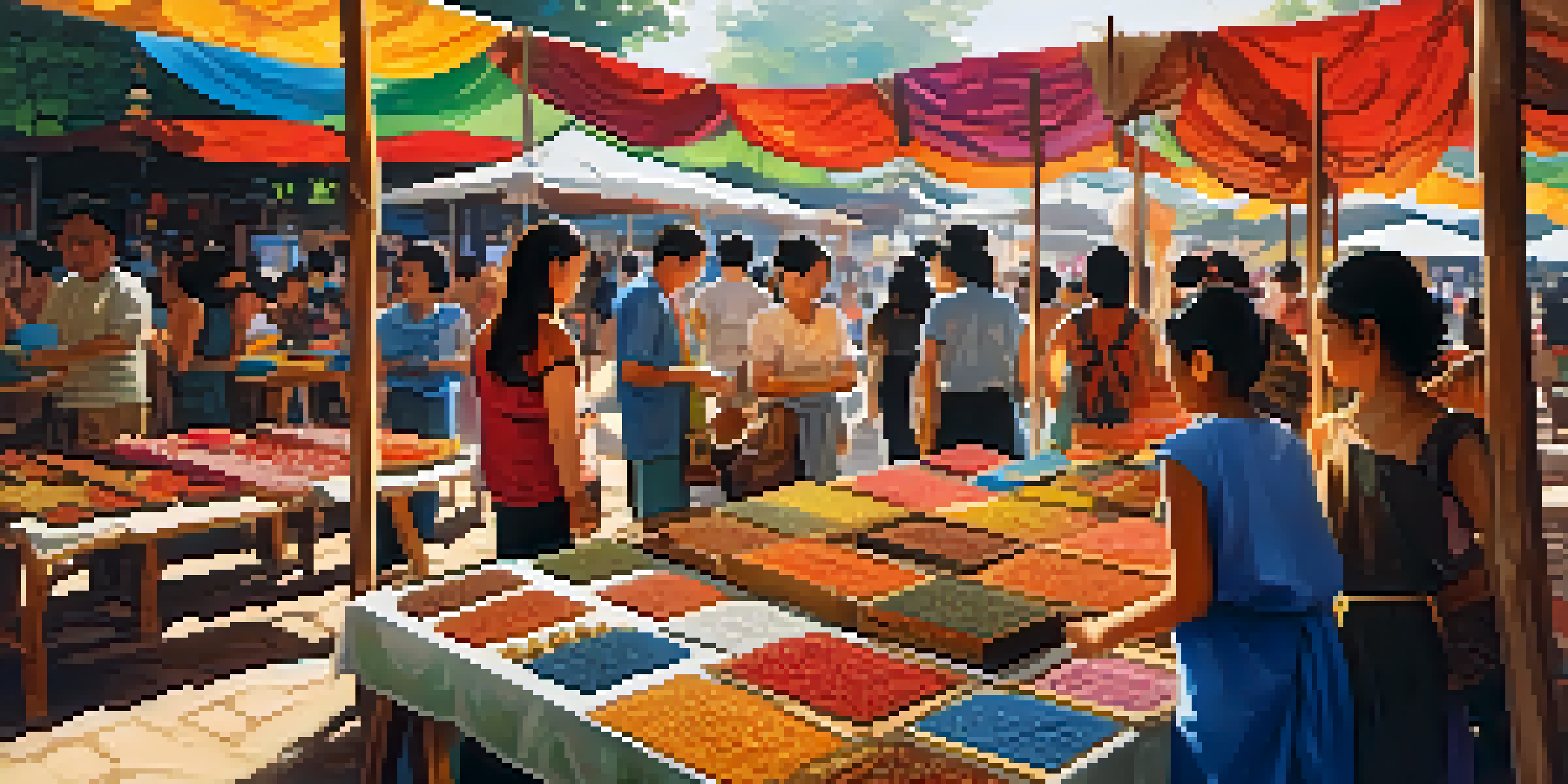A lively Thai art and craft fair with families exploring colorful stalls and participating in a pottery workshop.