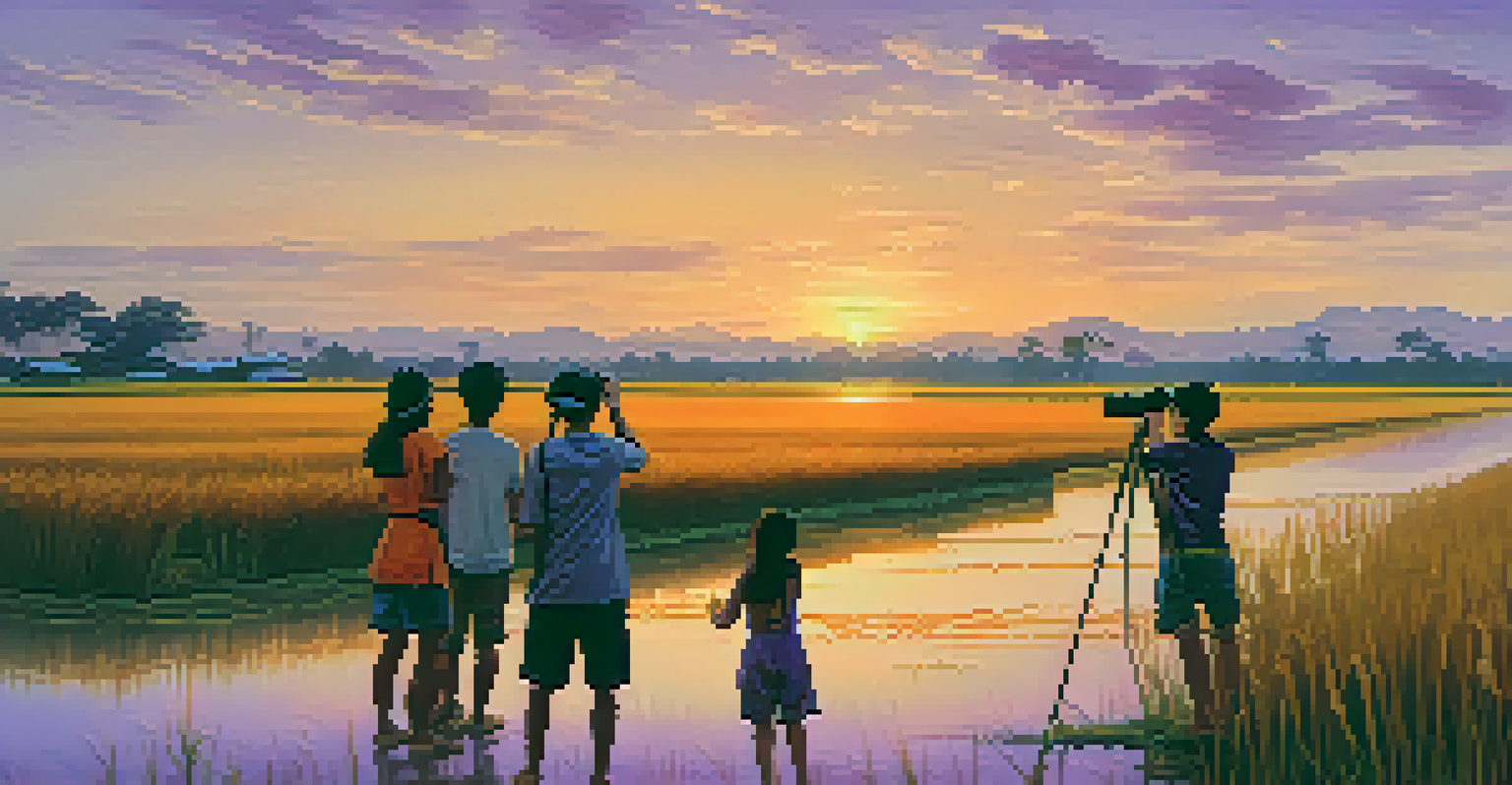 A beautiful sunset over a rice paddy in Thailand, with young friends enjoying the scenery and taking pictures against a backdrop of vibrant colors.