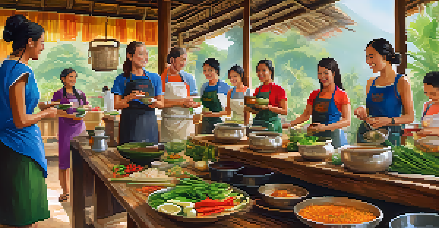 Volunteers enjoying a traditional Thai cooking class with colorful ingredients and a warm kitchen setting.