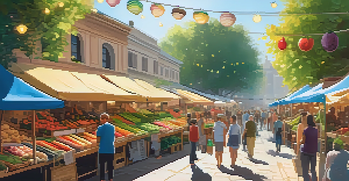 A lively outdoor market with colorful stalls and diverse people shopping, surrounded by greenery and fairy lights.