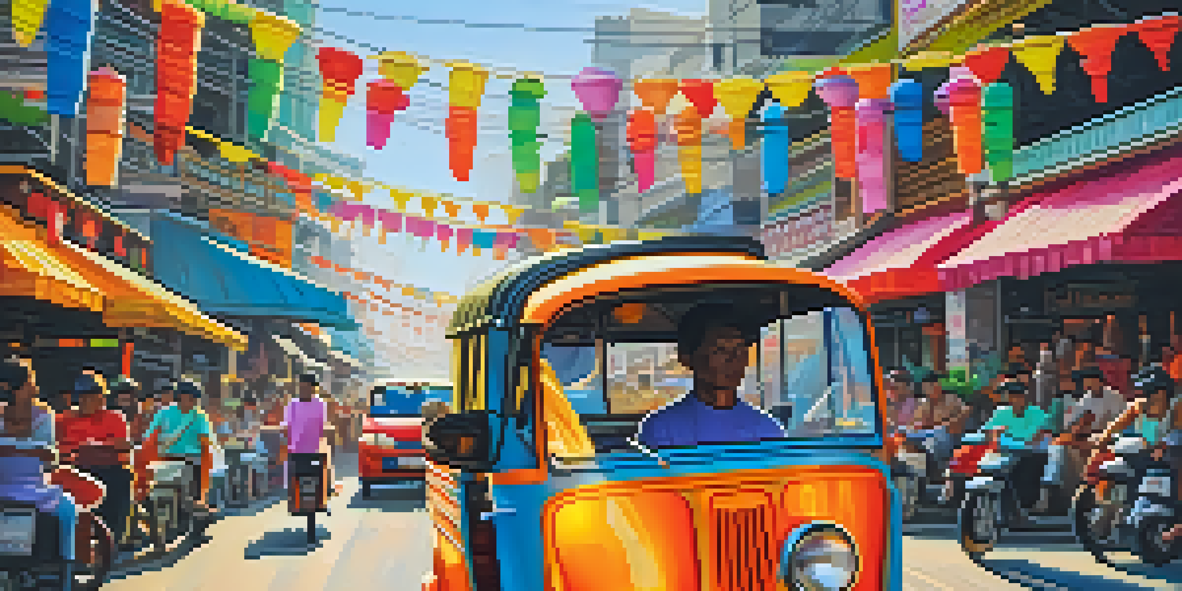 A colorful tuk-tuk in a busy Bangkok street, surrounded by vendors and neon signs, with warm sunlight illuminating the scene.
