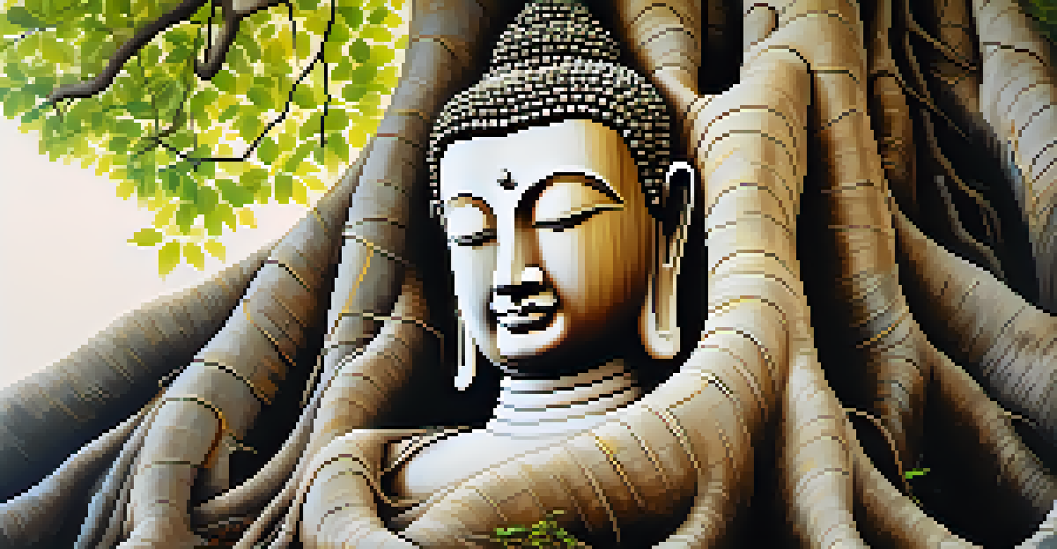 A close-up of the Buddha head entwined in tree roots at Wat Phra Mahathat, highlighting the intricate details of the stone and tree.