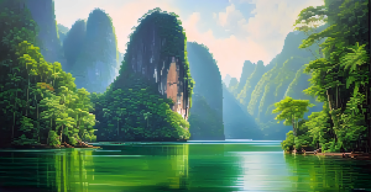 A stunning view of Khao Sok National Park, showcasing limestone cliffs, a calm lake, and lush rainforest under soft morning light.
