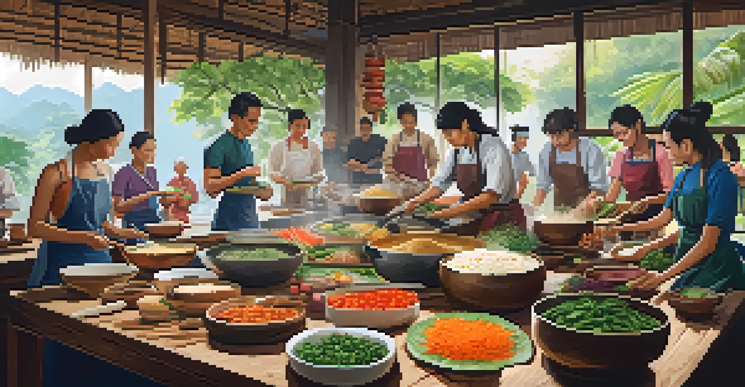 Participants in a Thai cooking class, surrounded by fresh ingredients and a local chef, engaged in preparing traditional dishes in a well-lit kitchen.