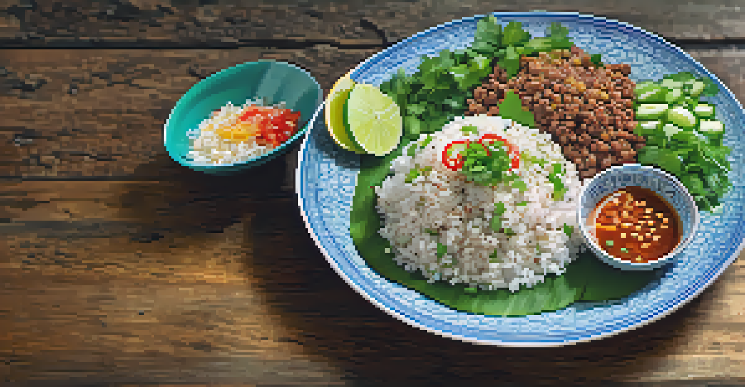 A close-up view of Larb, a traditional Isaan dish, beautifully presented with fresh herbs and sticky rice.