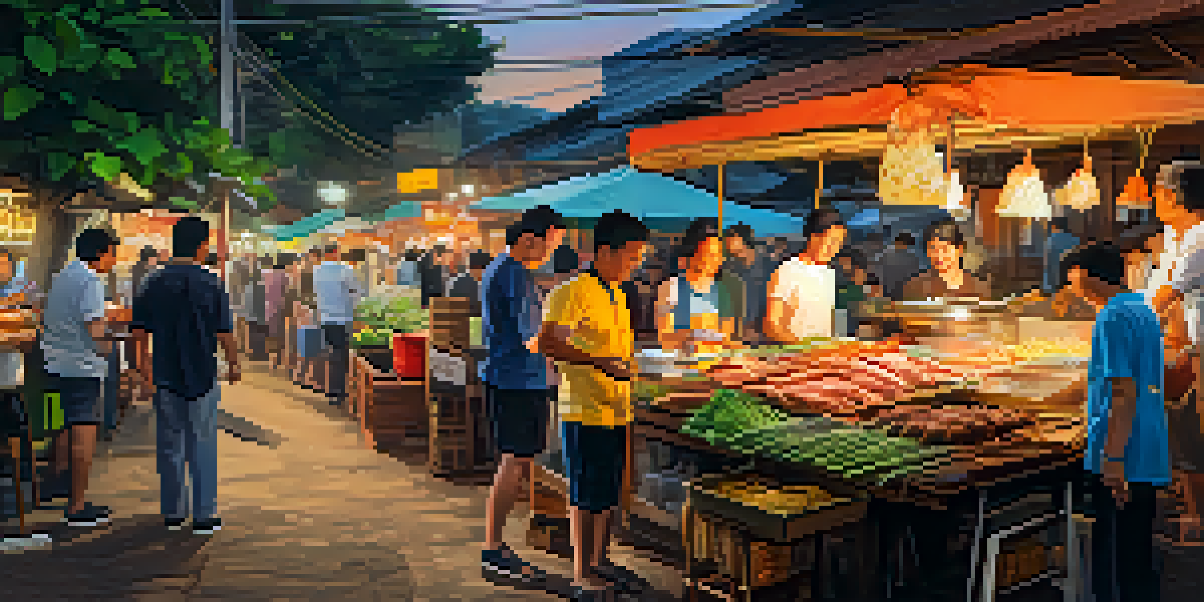 A bustling Northern Thai street food market with colorful stalls and people enjoying food.