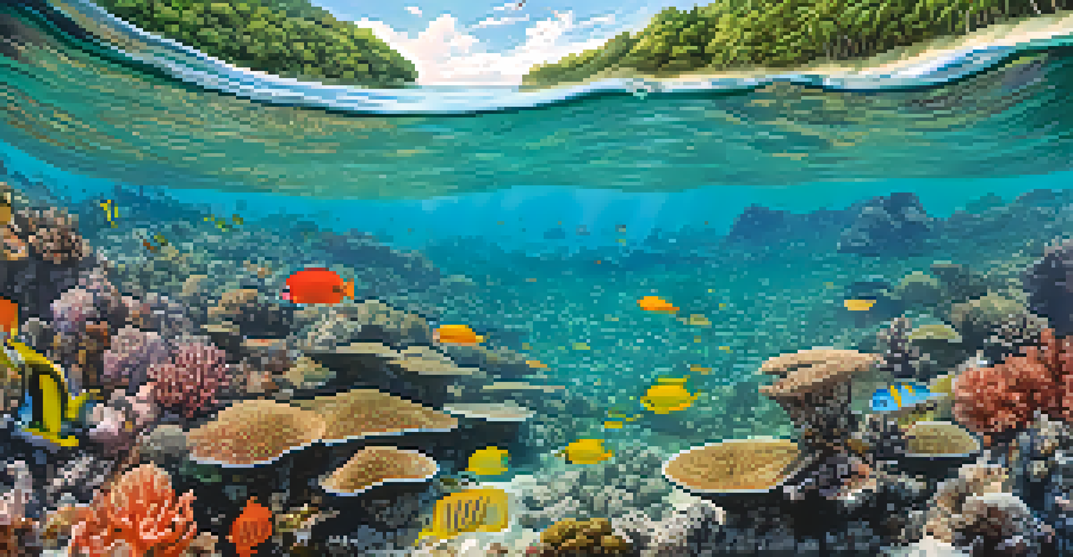 A stunning beach scene in Thailand with clear waters, coral formations, and snorkelers exploring the vibrant marine life.