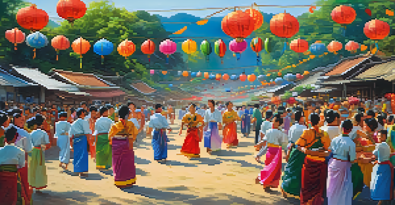 A vibrant village festival in rural Thailand, filled with colorful decorations, traditional costumes, and locals dancing in a joyful atmosphere.