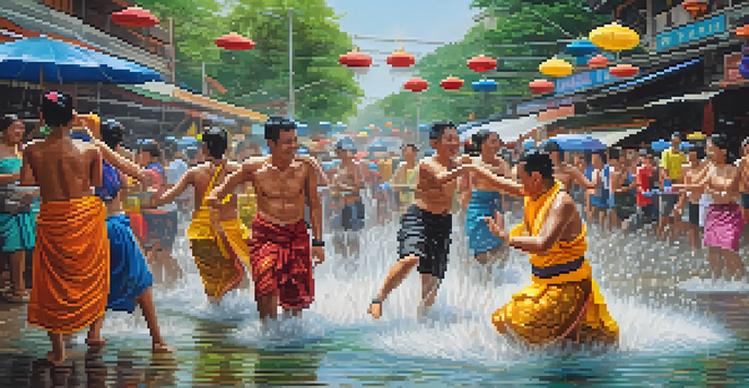 A lively Songkran festival in Thailand with people splashing water, colorful costumes, and decorated floats in the background.