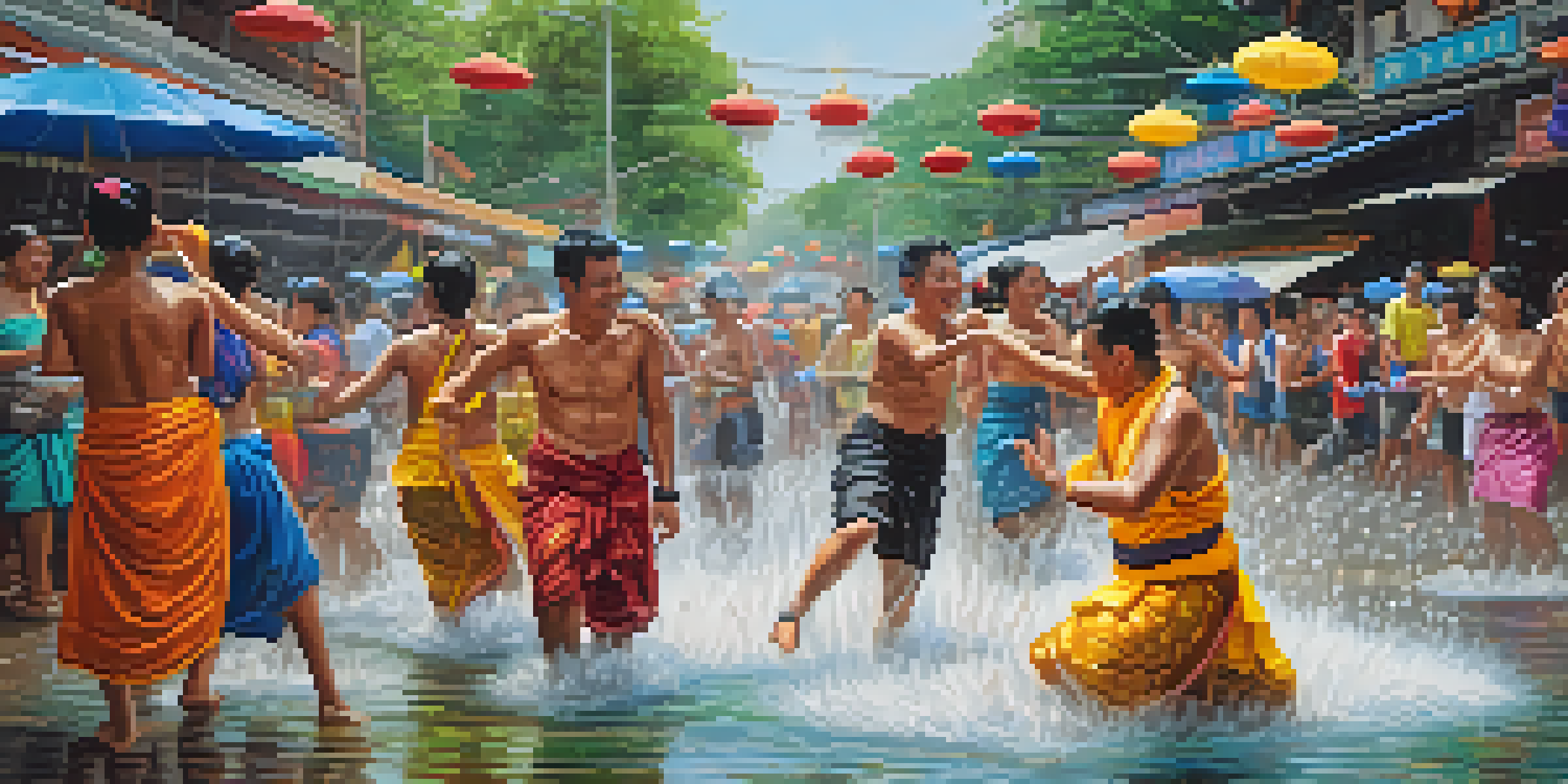 A lively Songkran festival in Thailand with people splashing water, colorful costumes, and decorated floats in the background.
