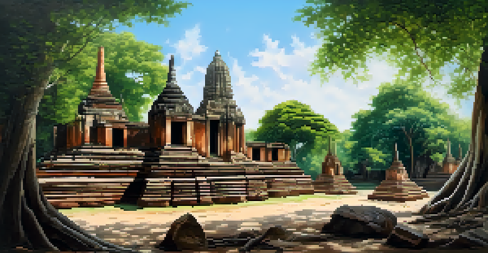 A panoramic view of the ancient ruins and temples in Ayutthaya, highlighting the iconic Wat Mahathat with a Buddha head entwined in tree roots.