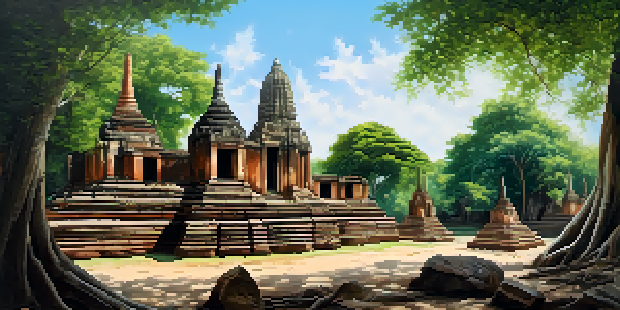 A panoramic view of the ancient ruins and temples in Ayutthaya, highlighting the iconic Wat Mahathat with a Buddha head entwined in tree roots.