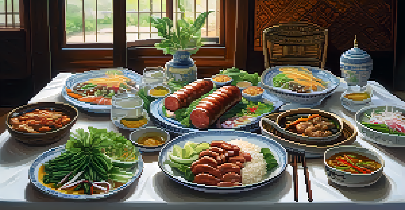 A family-style dining table in Northern Thailand with various traditional dishes and decorations.